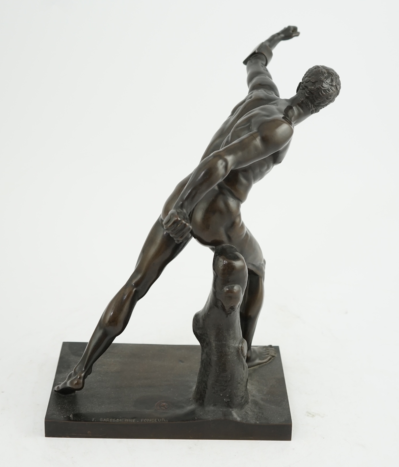 A late 19th century French patinated bronze model of the Borghese Gladiator, after the Antique